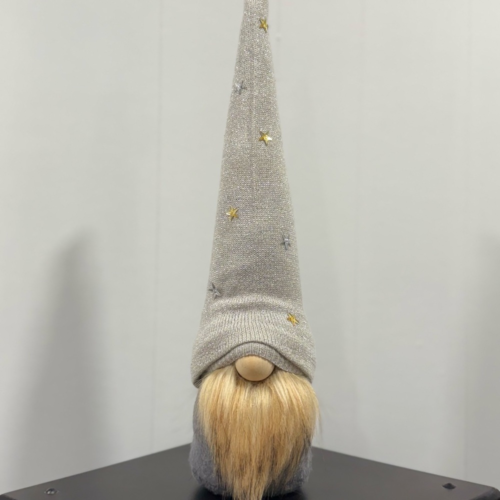 Handmade Holiday Gray Gnome with Gold and Silver Accents